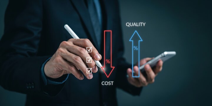 Businessman analyzing cost and quality with arrows, holding pen and smartphone, business strategy.
