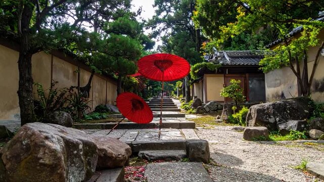 Japanese garden path with stone steps, red umbrellas, trees, and traditional buildings