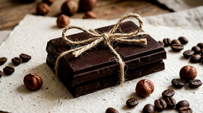 Dark chocolate bars tied with a decorative string with coffee beans and hazelnuts on a table