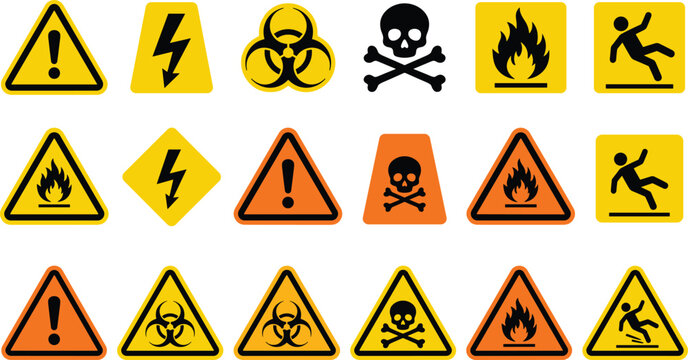 Hazard warning sign vector set featuring high voltage biohazard flammable toxic skull slippery floor and exclamation alert symbols for industrial safety label designs