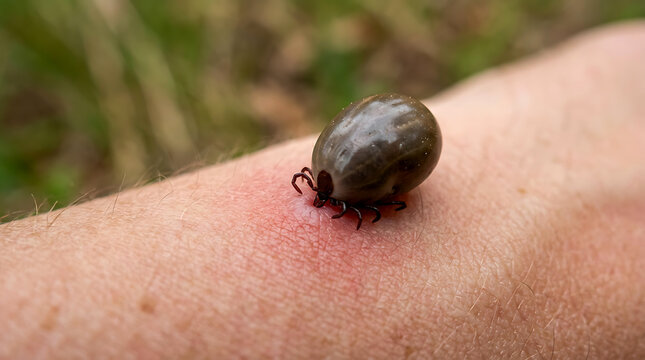 Close up of a dangerous tick biting into human skin causing red irritation and inflammation