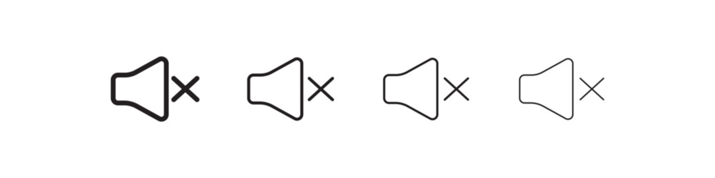 No sound and speaker mute outline icon design set, volume off symbols, silent mode indicators, audio disabled speaker icons, modern flat vector design elements.