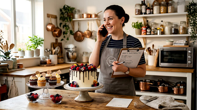 Smiling female baker talking on phone with cake in a modern home kitchen