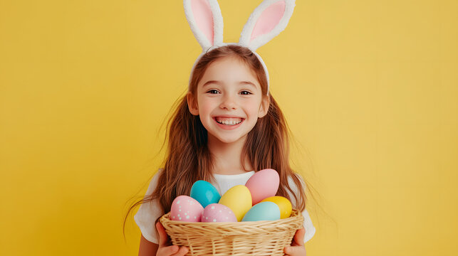 Cheerful little girl wearing bunny ears holding a wicker basket filled with colorful pastel easter eggs against a bright yellow studio background