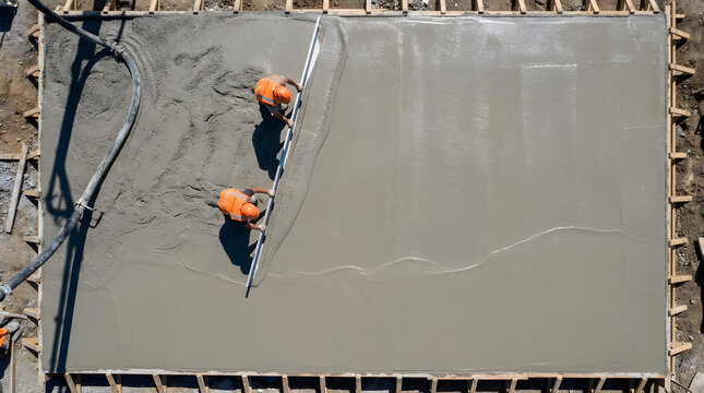 Team of professional construction contractors leveling and screeding a freshly poured wet cement concrete slab foundation on a residential building site using manual tools