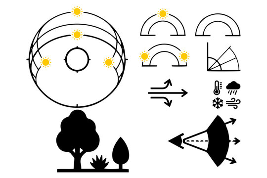 Architectural Site Analysis Vector Kit with Sun Path Large Icons &ndash; Urban Planning and Environmental Diagram Set