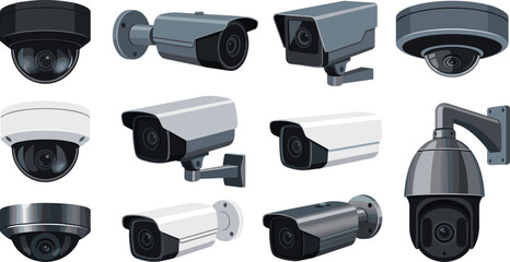 Security camera vector set featuring modern dome and bullet surveillance systems for home safety, office monitoring, and digital protection graphic designs © MdMahfuj