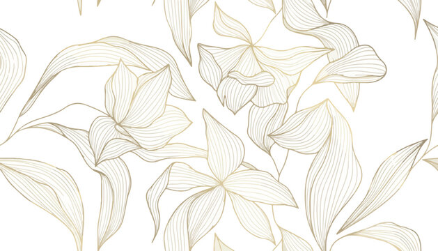 Seamless gold line art floral pattern with orchid flowers on white background