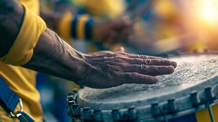 Obraz na płótnie Canvas Closeup of a passionate Brazil fan playing a vibrant samba drum wearing a yellow jersey sleeve rolled up capturing the lively rhythm and festive atmosphere of soccer celebrations.