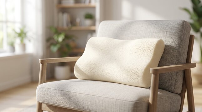 Orthopedic memory foam pillow on armchair in a bright living room provides ergonomic support for neck pain relief and comfortable sleep during a relaxing afternoon at home