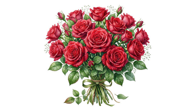 Elegant red rose bouquet with green leaves and ribbon, romantic floral arrangement for wedding and anniversary, vibrant crimson roses bunch isolated PNG with Transparent Background