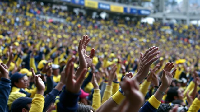Closeup of enthusiastic Ecuadorian crowd in a mountainous stadium creating an electrifying atmosphere for the soccer qualifier game.