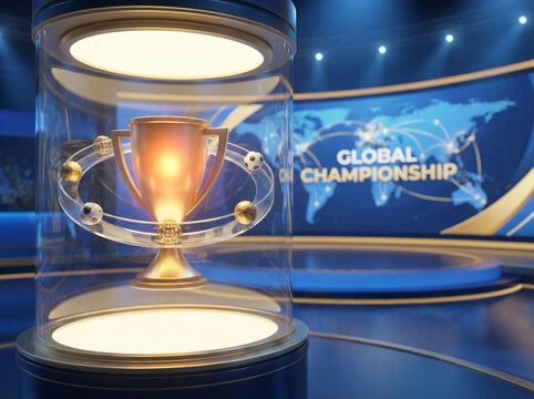 Golden trophy displayed in glass case for global championship event with world map graphics. Concept of global sports celebration, international football competition