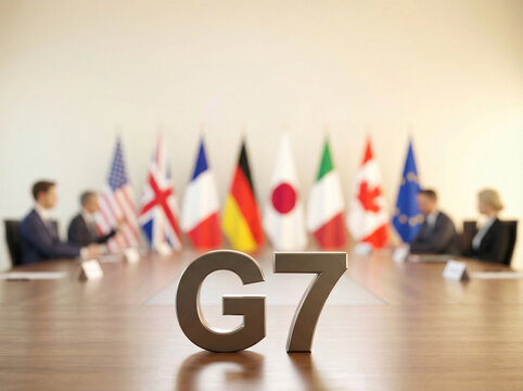 G7 summit meting, flags of member countries displayed in background during international meeting, concepts of international diplomacy, high-level political negotiation, global strategy