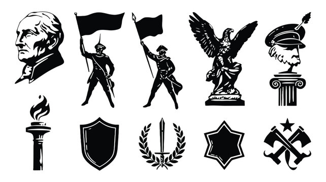 Historical monument silhouettes with portrait soldier flag eagle torch and shield symbols.