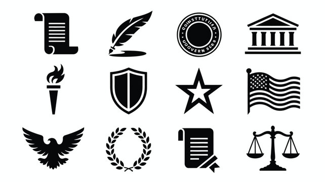 Constitutional law symbols with american flag eagle torch scales and government building.