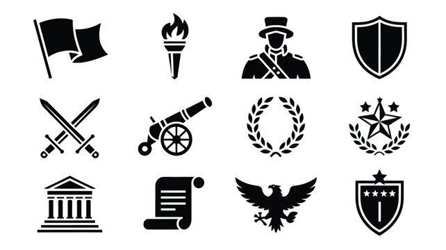Patriotic and military icons set features flag, torch, soldier, shield, swords, cannon, wreath, building, scroll, eagle, star, and medal.