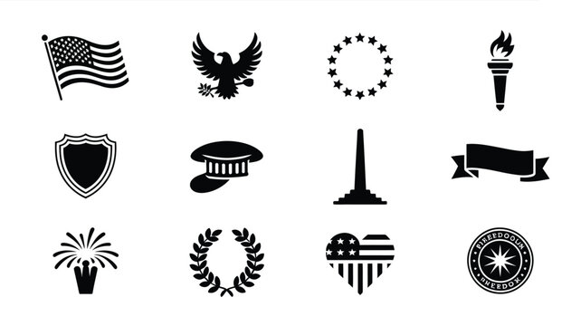 National day celebration icons set featuring flag eagle shield and historical monuments.
