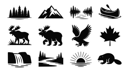 Set of black canadian wilderness and wildlife themed vector icons in silhouette design. © Suranjana