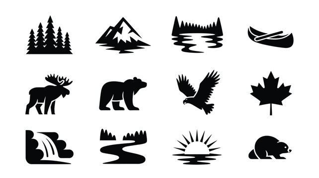 Canadian outdoor landscape symbols featuring forests mountains rivers and wildlife vector icons.