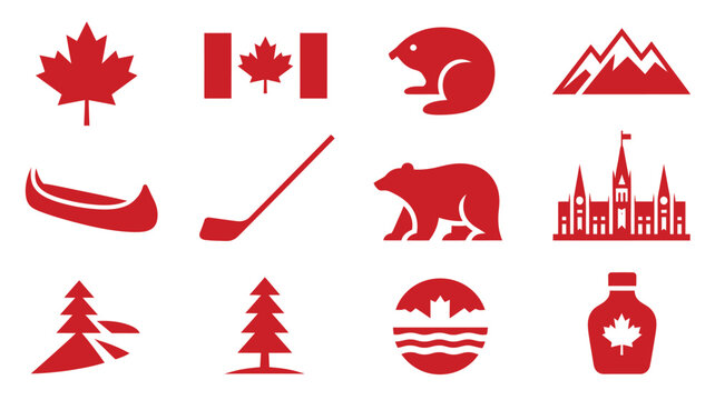 Red canadian icons vector set featuring nature landmarks and sports equipment designs.