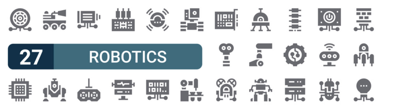 Set of 27 filled Robotics icons including eye, cpu, firefighting, pet, motor. Solid vector glyph illustration