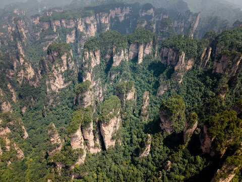 Aerial View of the towering sandstone pillars in Zhangjiajie