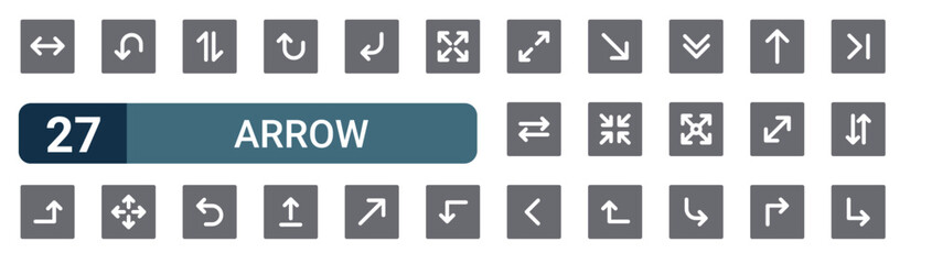 Set of 27 filled Arrow icons including exchange, up arrow, down, maximize, exchange. Solid vector glyph illustration © Sophia