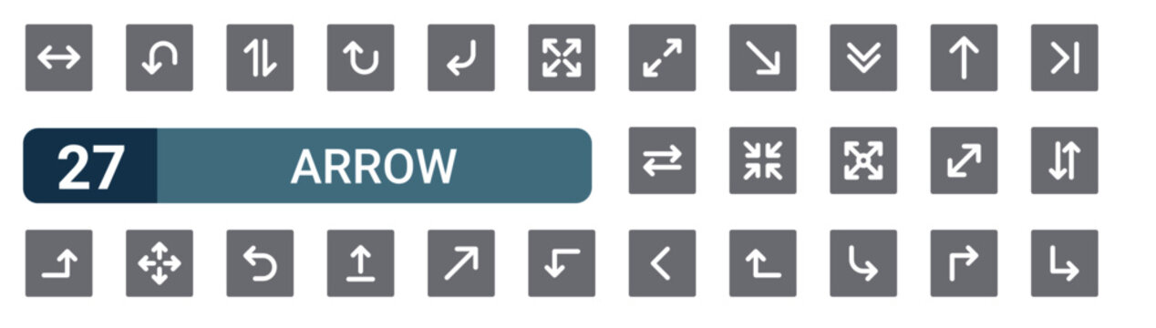 Set of 27 filled Arrow icons including exchange, up arrow, down, maximize, exchange. Solid vector glyph illustration