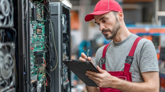 Computer Technician Inspecting Internal Components of Desktop PC for Hardware Issues in a Professional Environment