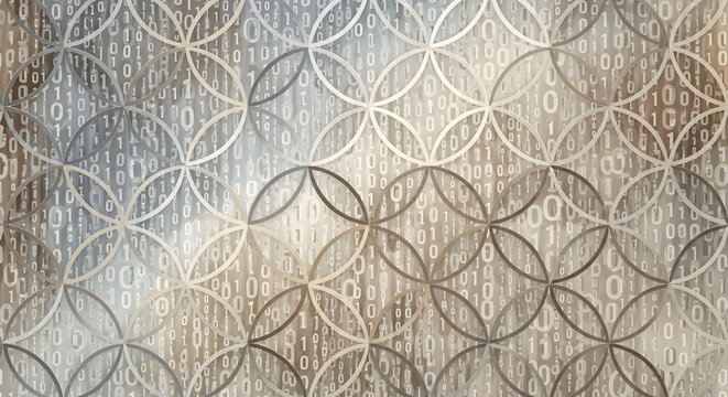 Abstract digital background with binary code numbers and overlapping geometric circles pattern