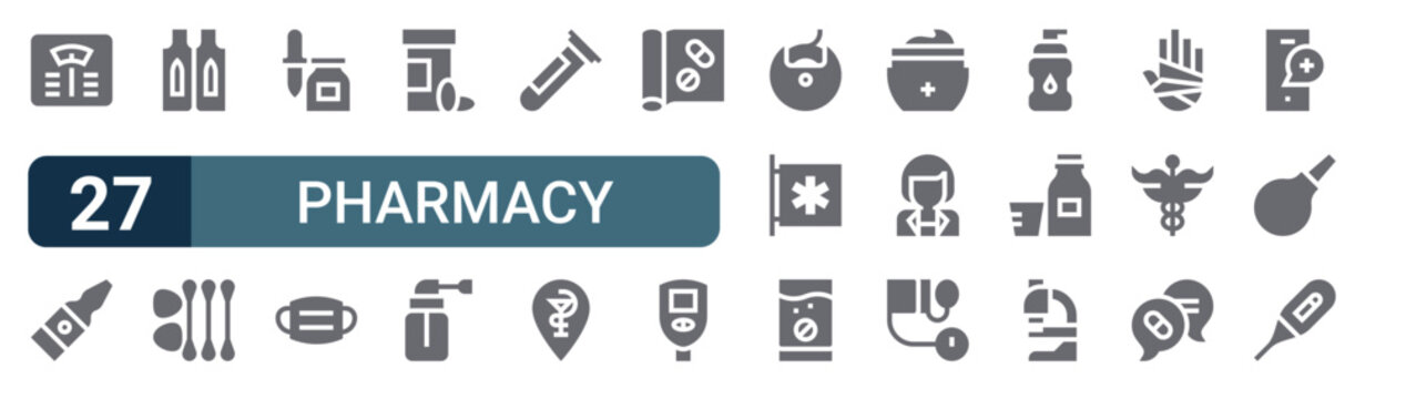 Set of 27 filled Pharmacy icons including weight, bottle, suppositories, cotton swabs, eyedropper. Solid vector glyph illustration