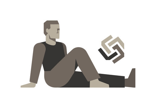 Person resting in open white space with one clarified abstract symbol nearby, presenting abstract understanding as refined and