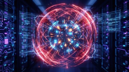 Obraz premium Red glowing digital sphere cage with intricate holographic lines, technology innovation and future cyber system concept, high-tech