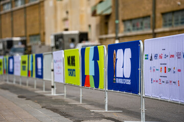 Naklejka premium FIFA World Cup 2026 event barriers on city street. Toronto, Canada - June 9, 2026.