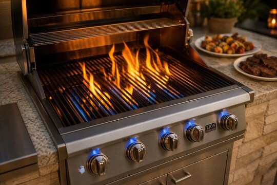 Professional outdoor gas grill with burning flames rising from the grates and blue LED illuminated control knobs on a luxury patio kitchen setup with prepared food nearby