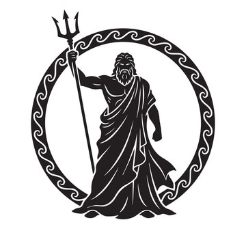 Poseidon god holding trident in a circular wave frame