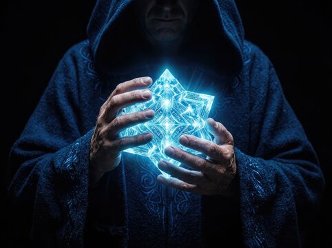 Mystic holding glowing geometric crystal pyramid with runic inscriptions dark fantasy concept