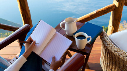Left handed person writing in notebook on scenic lakeside terrace with coffee and books, peaceful creative workspace celebrating International Left Handers Day and individuality