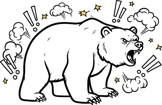 Angry Bear Roaring in Comic Style with Exclamation Marks on White Background