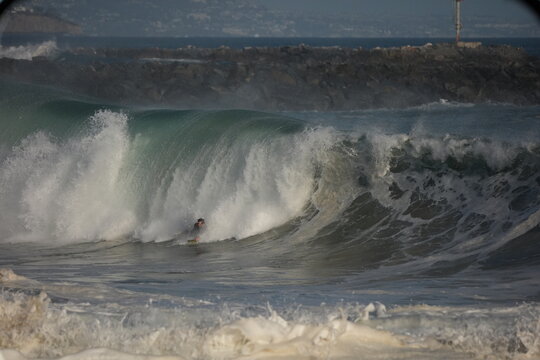 bodyboarder riding large swell waves at the wedge