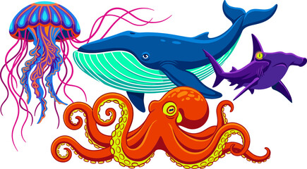Fototapeta premium Deep Sea Life Vector Set with Orange Octopus, Blue Humpback Whale, Bioluminescent Jellyfish, and Purple Hammerhead Shark Marine Creature Illustration