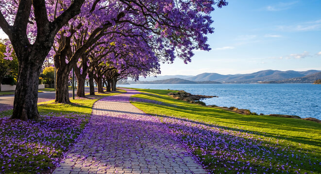 Beautiful brick pathway carpeted with fallen purple petals and lined with blooming jacaranda trees along a scenic lakefront under a clear blue sky