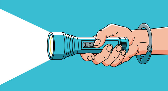 Hand cuffed with a single handcuff holding a bright shining flashlight against a solid blue background for safety concept.