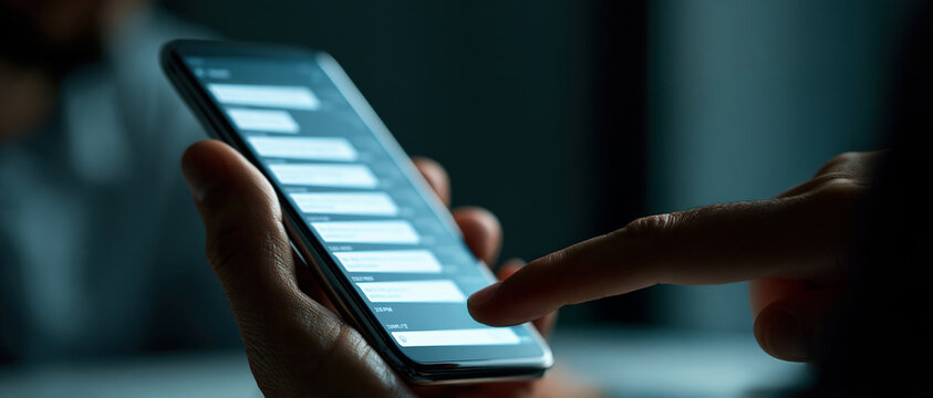 Instant connection in the digital age closeup of hands holding a glowing smartphone with a messaging app open, tapping through conversations in a dark, moody environment.