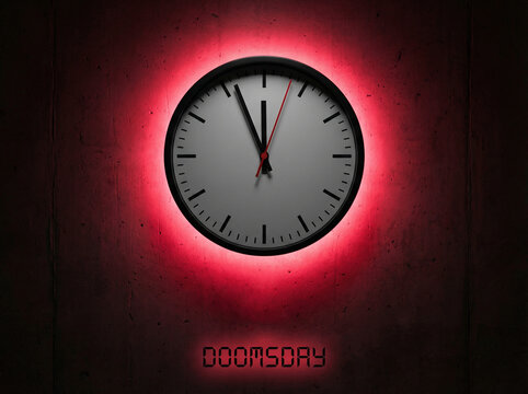 Clock with red neon light displaying time approaching midnight, text Doomsday illuminated below on concrete wall. For concepts of fear, nuclear threat awareness, rising global tension