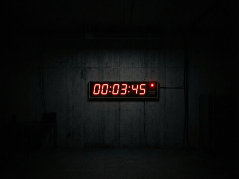 Digital countdown timer displaying three minutes and forty-five seconds on a concrete wall. For concepts of fear, nuclear threat awareness, rising global tension, international conflict