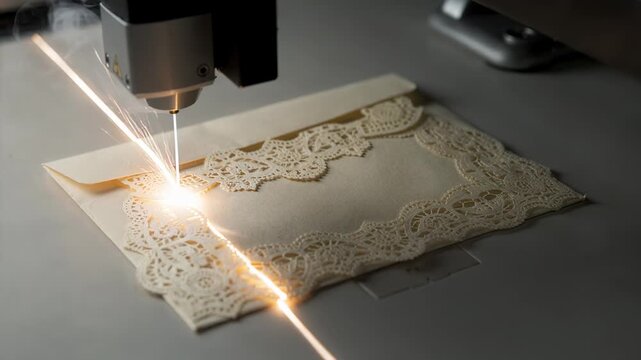 Medium shot capturing an innovative laser system etching lace patterns along the envelope edges showcasing detailed artistry and elegant design.