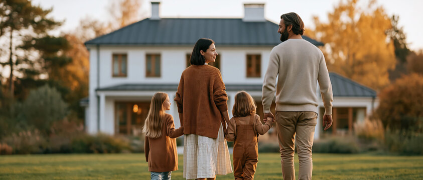 Aspirational real estate moment parents and two children holding hands on a lawn, facing their elegant white suburban home at golden hour. Perfect for mortgage, insurance, and family.