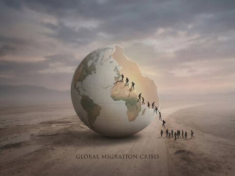 Conceptual illustration of global migration crisis with a globe and silhouettes of people climbing towards it on a barren landscape. For concepts of migration and humanitarian crisis